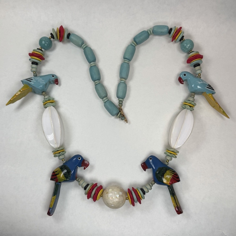 VTG Parrot Bird Tropical Theme Necklace Wood Beads Hand‎ Painted Chunky 32"